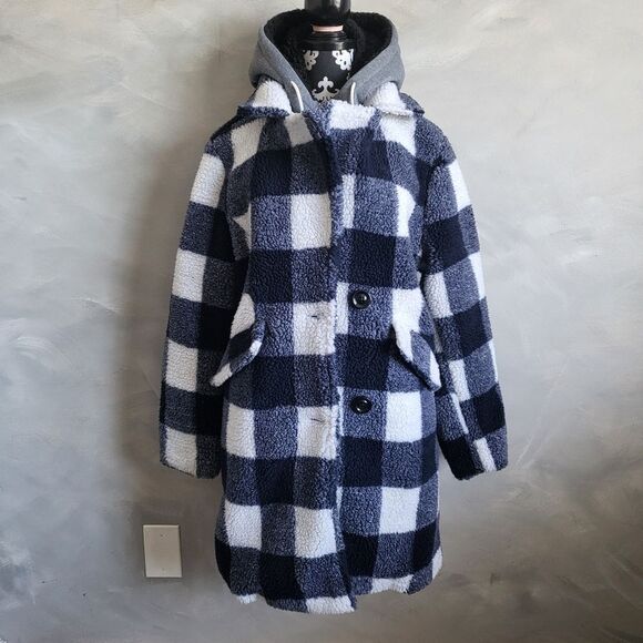 Steve Madden Navy & White Buffalo Plaid Convertible Hooded Teddy Coat Women M - Picture 2 of 16